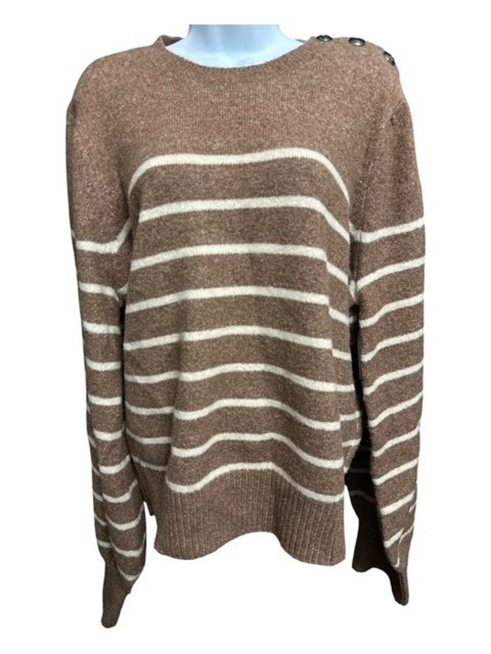 Rebecca Minkoff XXL Sweater Cocoa Brown White Striped Shoulder Buttons Pullover